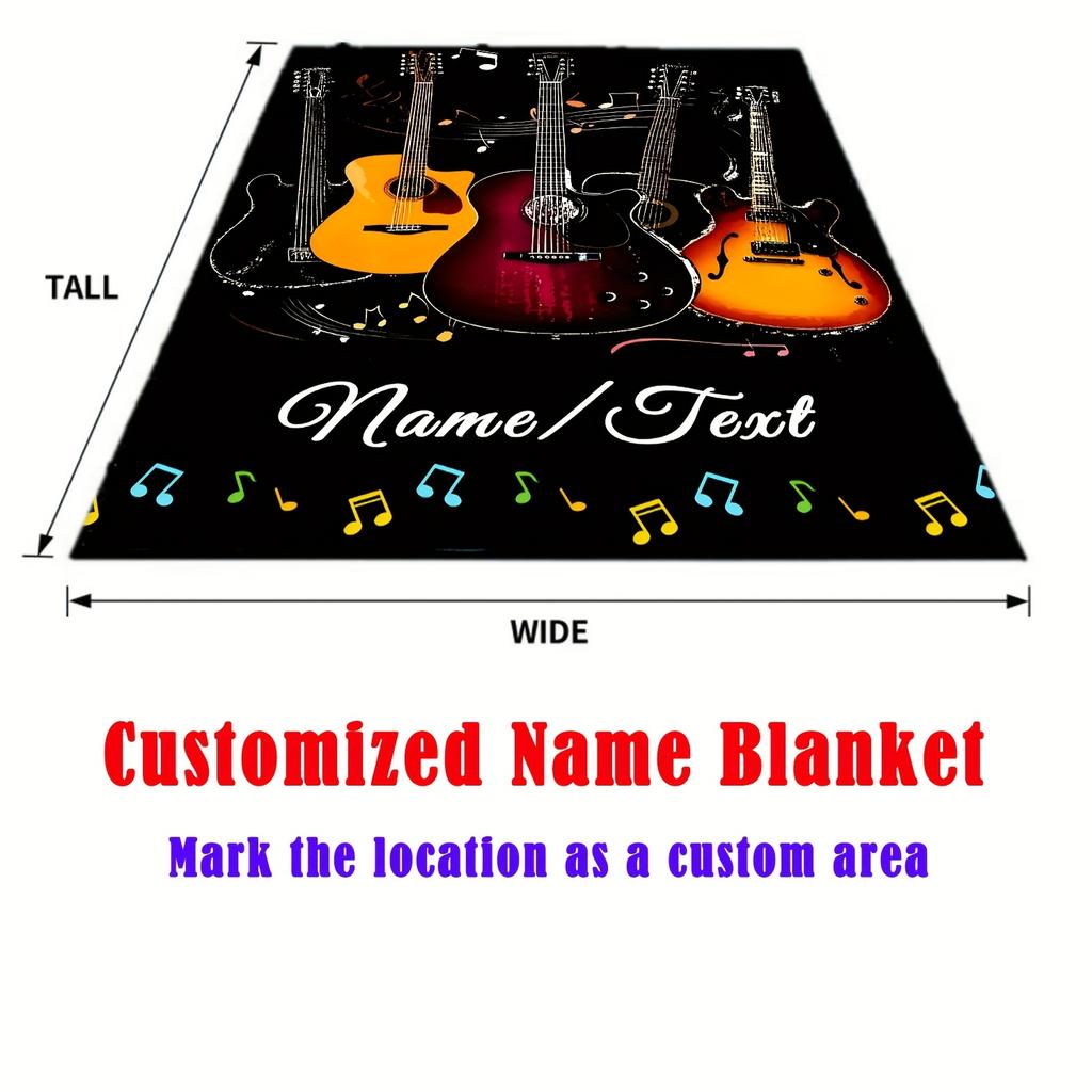 Custom Guitar Fleece Blanket Personalized Name Music Note Throw All Season Soft Warm Bedding Home Decor Gift for Music Lovers