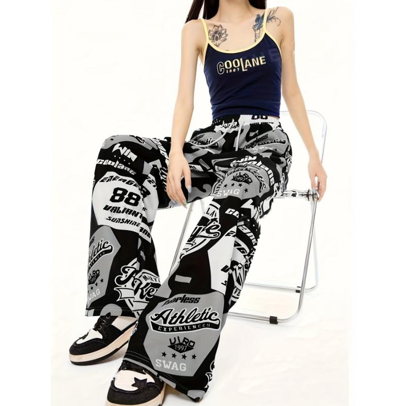 Women Street Hip Hop Style Printed Pocket Loose Casual Wide Leg Long Pants