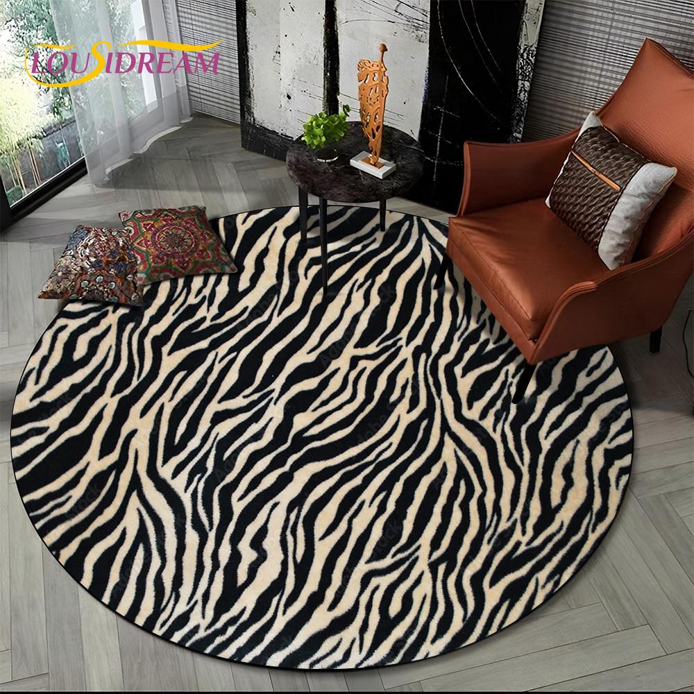 3D Barevný Pruhovaný Vzor Zebra Kulatý Koberec pro Obývací Pokoj, Ložnici, Dětský Herní Koutek Dekor, Protiskluzová Podložka do Zóny pro Domácí Mazlíčky