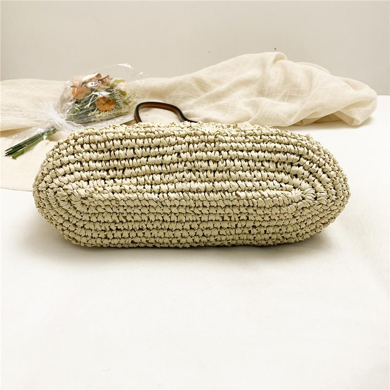 Handgewebte Strohtasche für Damen Sommer-Strandtasche mit Ledergriffen und Muschelmuster-Design
