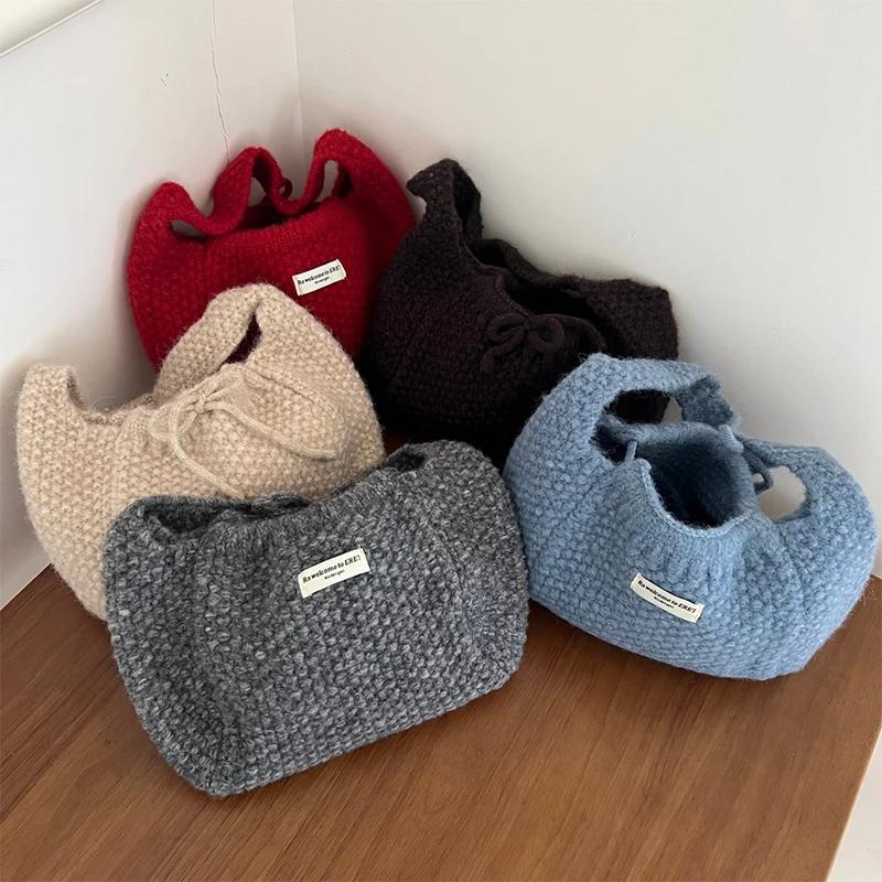 Knitted Tote Bag For Women Soft Shoulder Bag Daily Commuter Versatile All Match Handbag Double Sided Bow Underarm Purse