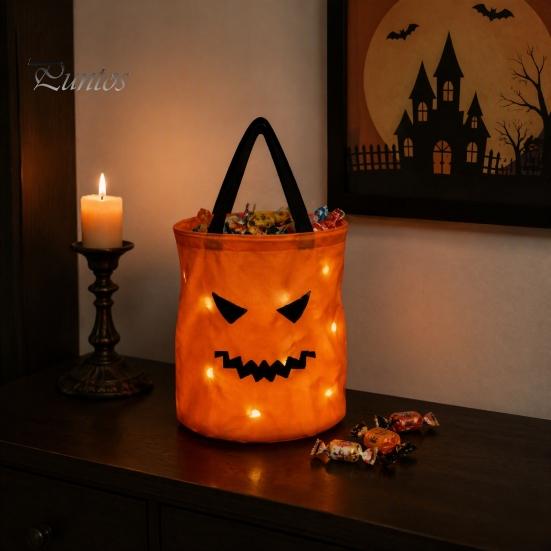 Festival Party Supply for Candy Glowing Pumpkin Bag with LED Lights, Reusable Halloween Treat Spooky Tote Lights Kids, Trick or Handbag Favors