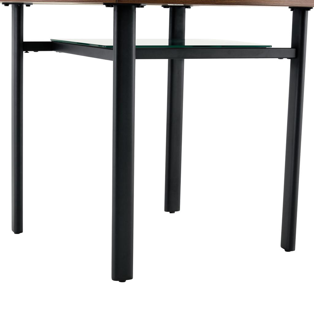 Modern Minimalist Round Table, 100 Cm Diameter, Brown Wood Grain, Glass Top, Metal Frame