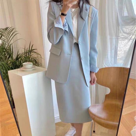 2Pcs/Set Women Suit Set Lapel Long Sleeve Flap Pockets Suit Coat High Waist Midi Skirt Set Solid Color Office Lady Suit Workwear