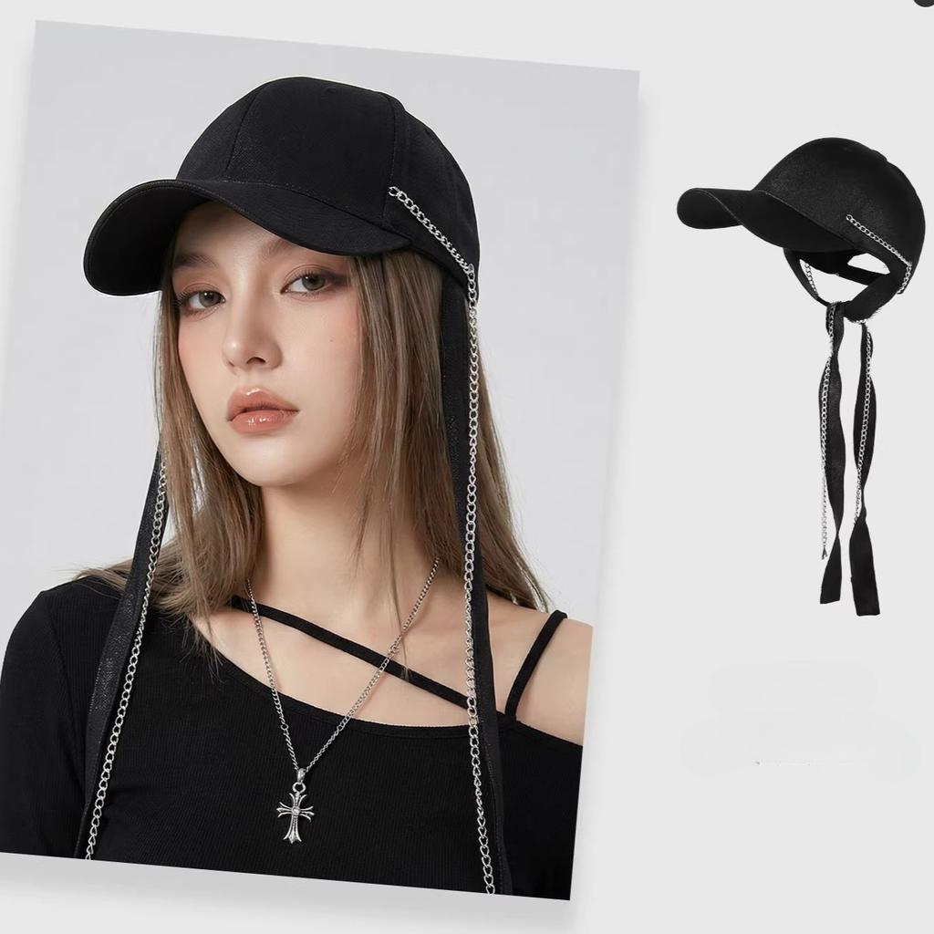 Women 2026 Spring New Chain Streamer Black Satin Baseball Cap Hard Top Shows Small Face Sun Peaked Cap