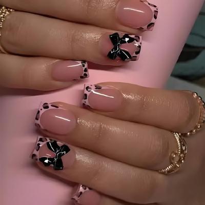 24 Pcs French Tip Acrylic Nail Bows False Nail Leopard Print Press On Nail Valentines Day Full Cover Stick On Nail