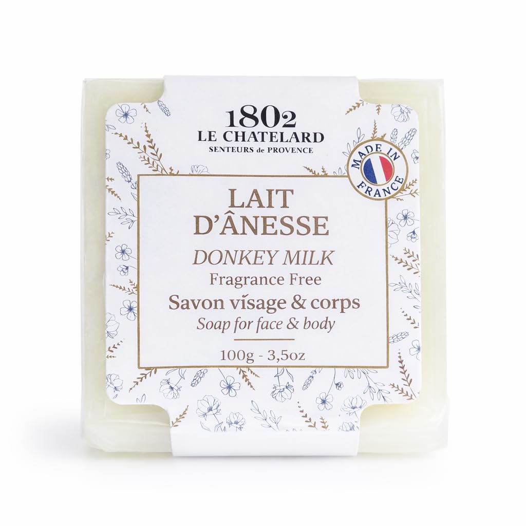 LeChatelard 1802 French Natural Donkey Milk Enriched Soap Bar for Face & Body 100g - Handmade Marseille Bath Soap with Sweet Almond Oil, Rich Cre