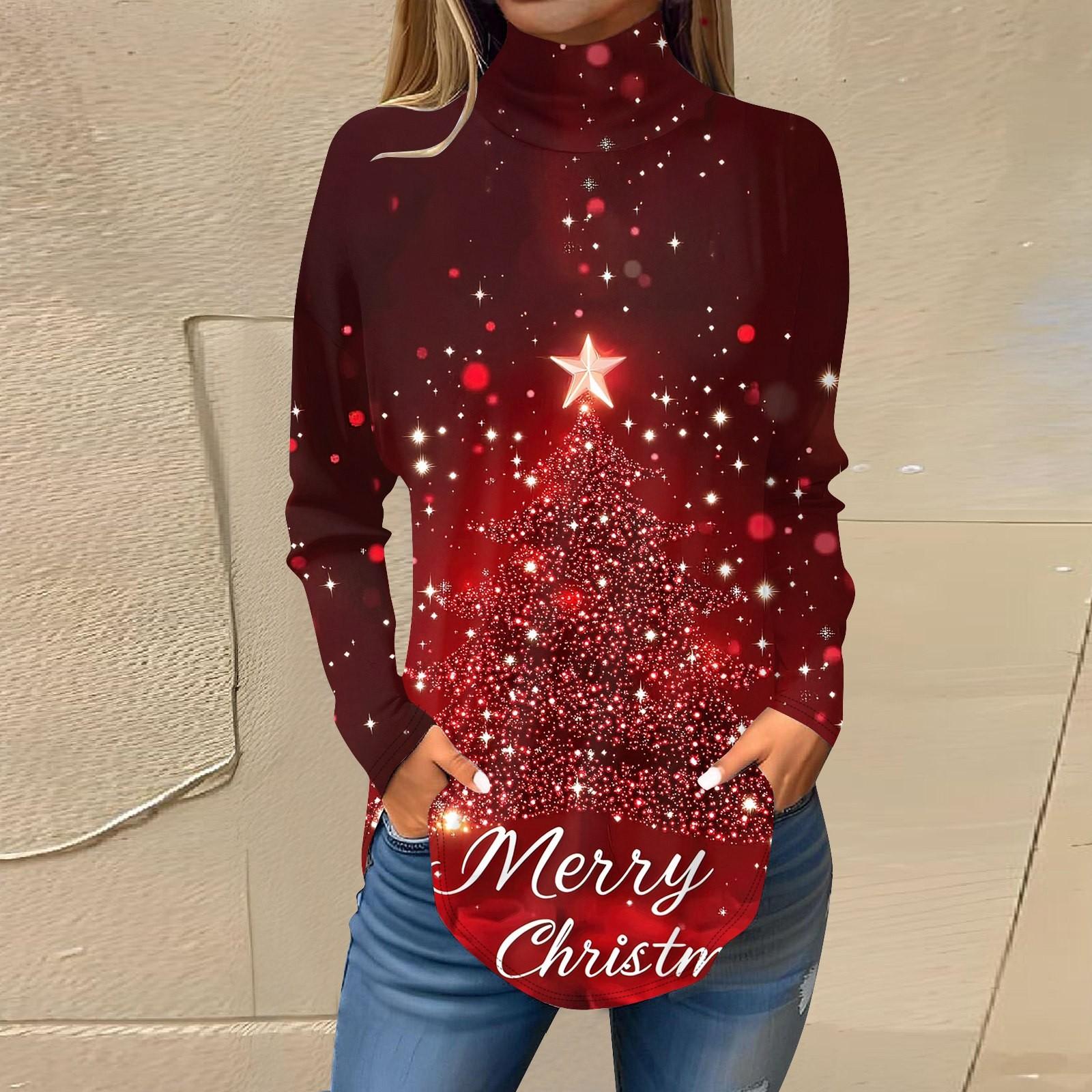 

Женская модная повседневная футболка с высоким воротом и рождественским принтом, длинный рукав, пуловер, топ S винный