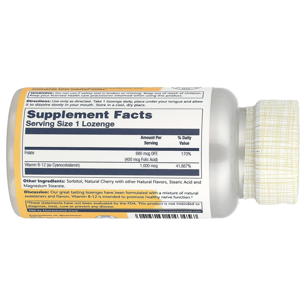Solaray Vitamin B-12 1000mcg Cherry Flavor Lozenge Tablets, 90 Count