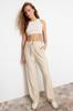 Women's Style Trousers Beige Thick Striped Straight Cut Stretch Trousers