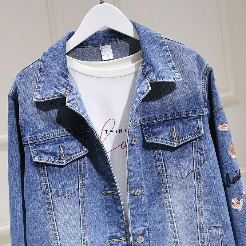 Women's Denim Jacket Spring and Autumn Casual Versatile Embroidered Retro Mid-length Top