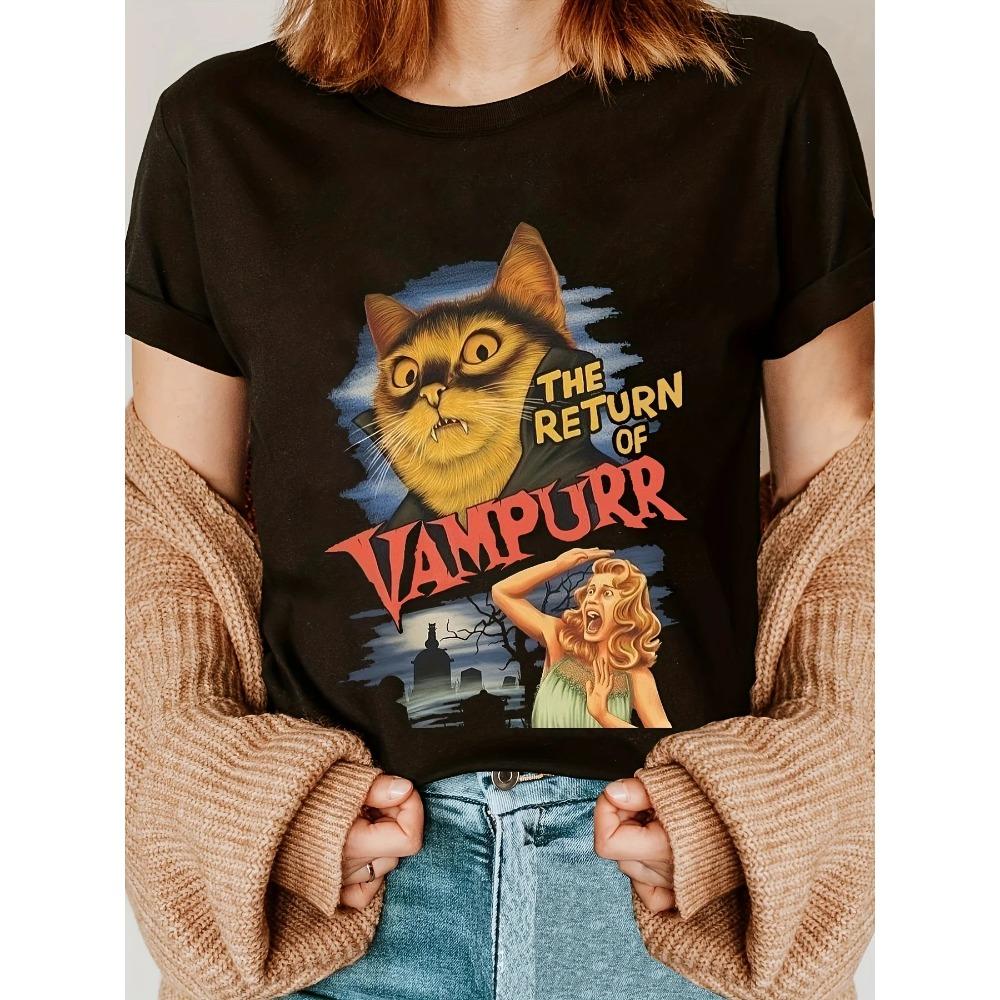 Womens Vintage Cat Print TShirt The Return of Vampire Retro Design Casual Crew Neck Short Sleeve Women Summer Clothing