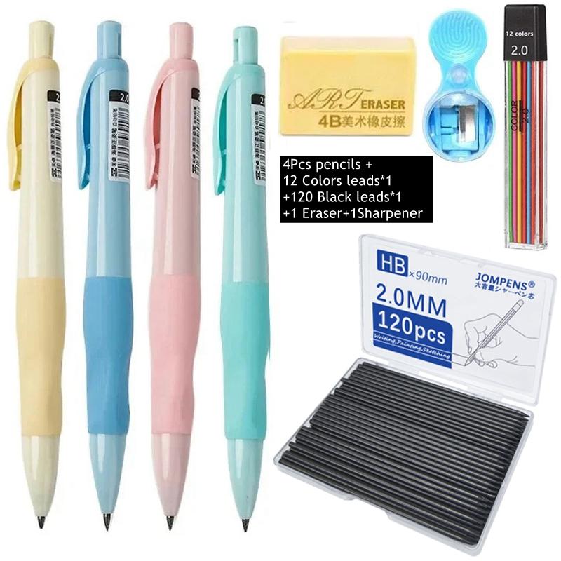 New 2.0mm Mechanical Pencils Set 4PCS Colorful Pencils + Lead Refills+Eraser + Sharpener Stationery Set for School Art Sketching