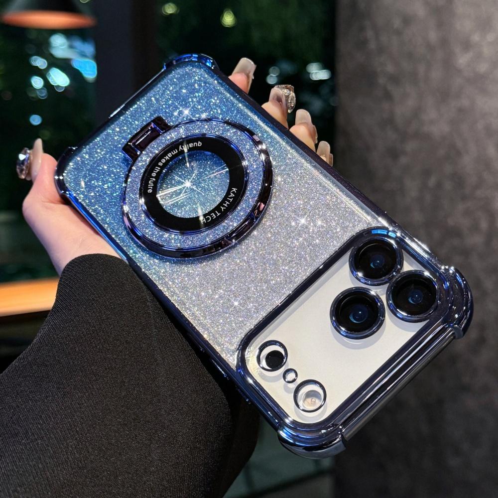 

Glitter Plating Magnetic Stand Case For iPhone 17Air 16E 15 14 Plus 13 12 11 Pro Max Unique Four Corners Shockproof Cover iPhone 16