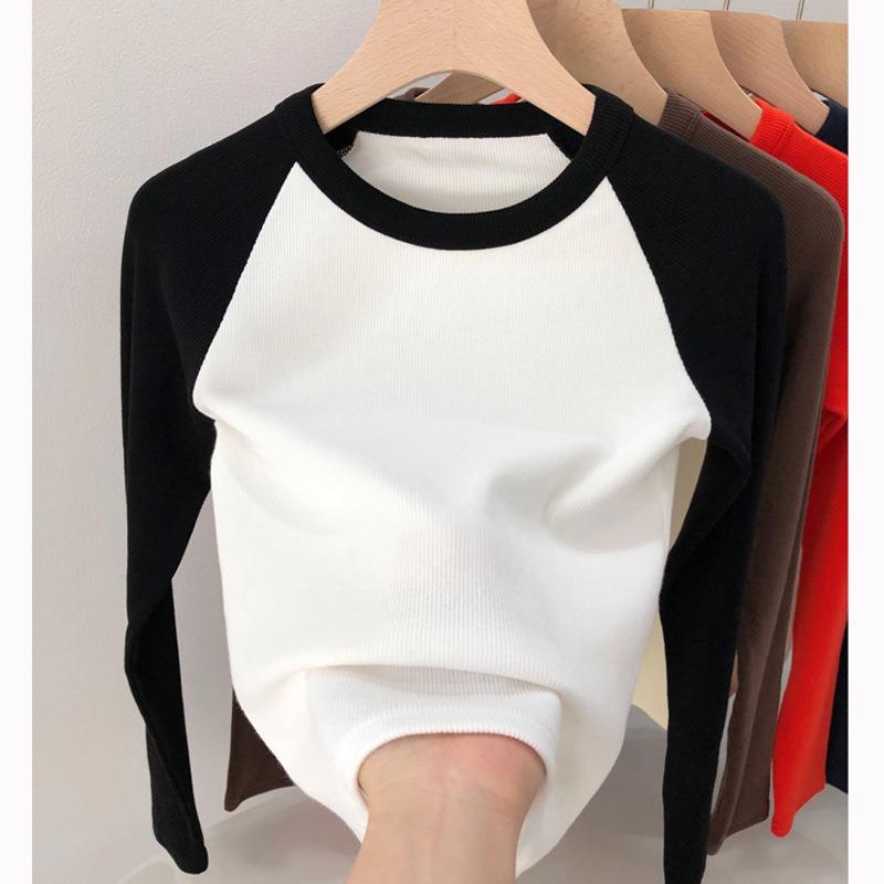 Vintage Color Block Raglan High Waist Long Sleeve Cotton T Shirt For Women