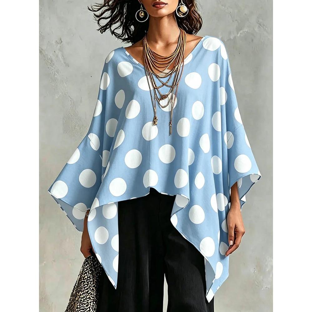 Women's V Neck Three Quarter Sleeve Blouse Loose Fit Boho Style Polka Dot Print Irregular Hem Casual Top For Summer Daily Wear