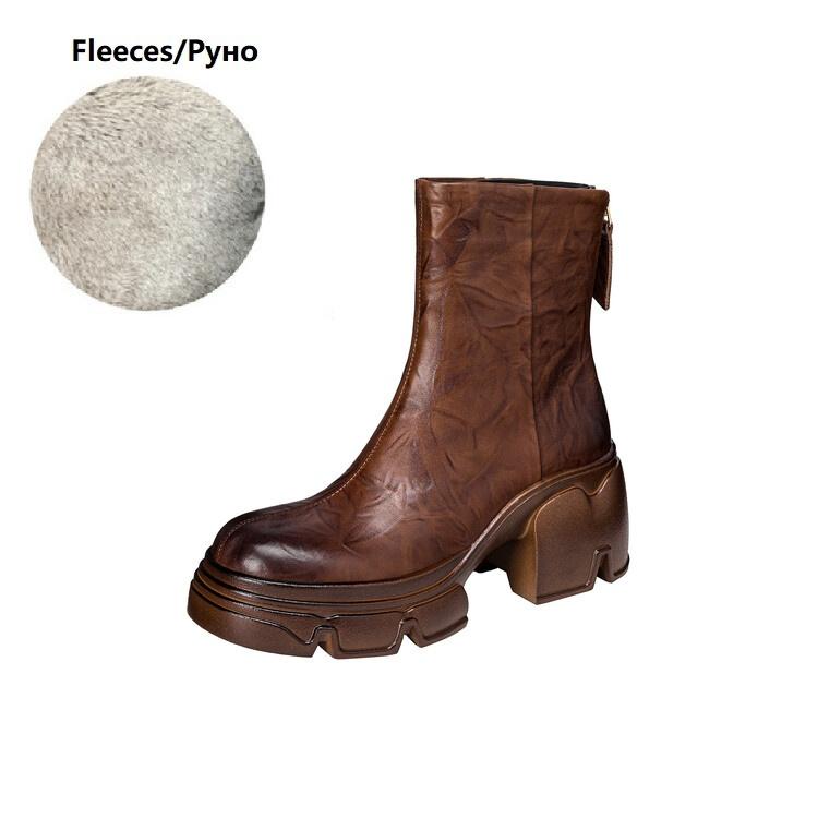 Fashion NEW Autumn Women Boots Genuine Leather Shoes for Women Round Toe Chunky Heel Shoes Concise Zip Platform Boots Soft Daily Shoes