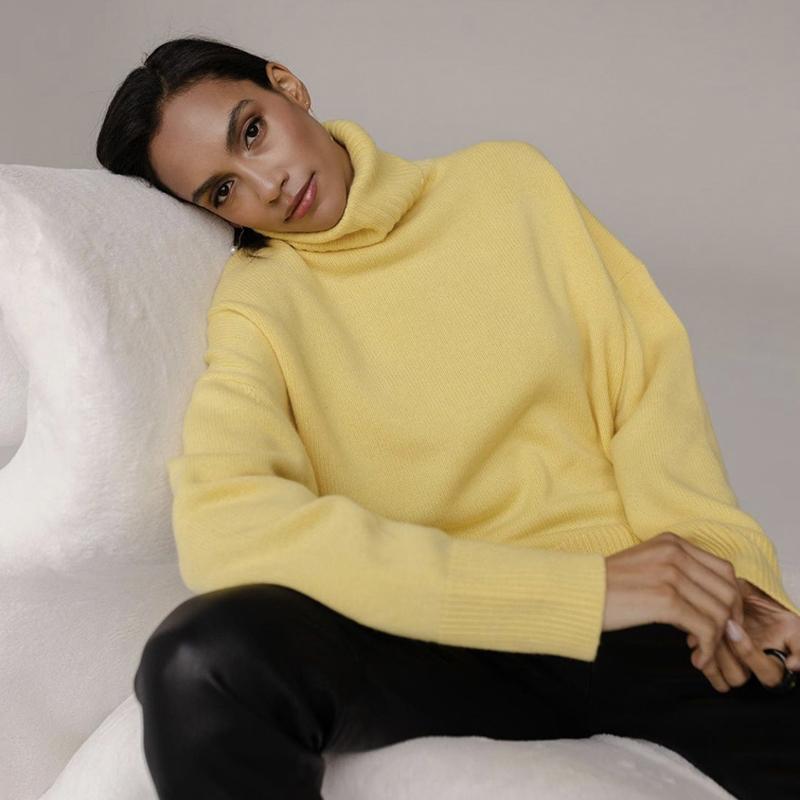 Hirsionsan Pulover tricotat cu gât roscat solid pentru femei, iarnă, nou, îngroșat, cald, cu mânecă lungă, pulover, lejer, de bază, tricotaj pentru femei