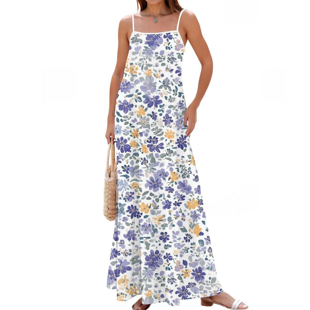 Damska wiosenno-letnia codzienna moda regulowane szelki nadruk długa sukienka