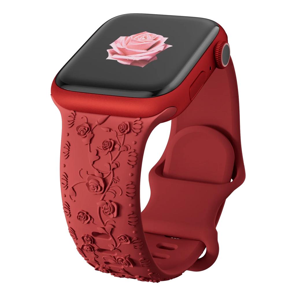 Floral Engraved Strap For Apple Watch Band 40mm 44mm 41mm 49mm 45mm 38mm 42mm Silicone Bracelet Iwatch Series 9 7 Se 6 8 Ultra 2