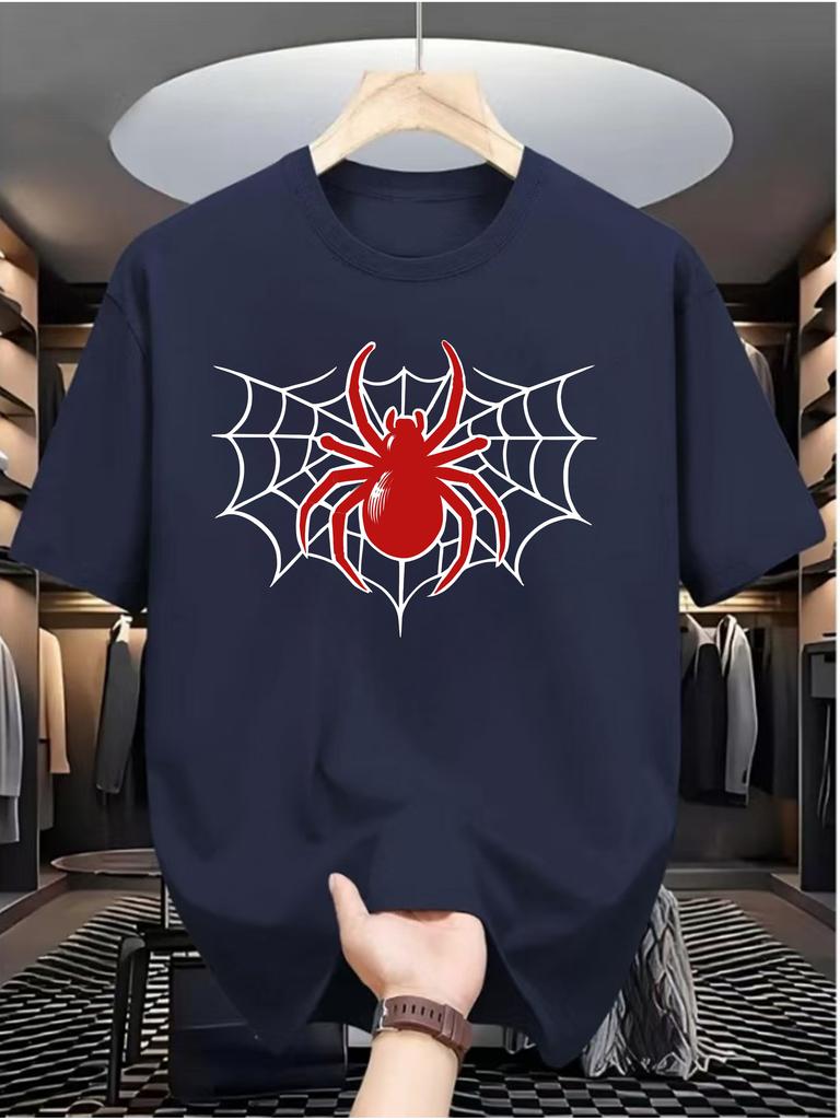 Summer Male Casual White T Shirt Retro Red Spider Web Print Soft Cotton Short Sleeve Dark Hip Hop Minimalist Street Top