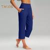 Women Yoga Pants Elastic High Waist Loose Leg Cropped Trousers with Pockets Sporty Casual Style Pants