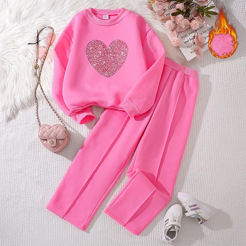 Girls' Big Kids 2-Piece Outfit Set Heart Print Long Sleeve Sweatshirt with Casual Wide Leg Pants Trendy Fall Winter Wear
