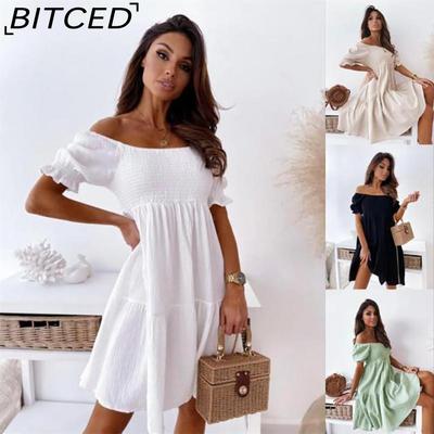 Sexy Slit Neck Dress Women Summer Pleated Puff Sleeve Open Back Party Beach Dresses Female Elegant Solid Knee Length Dress