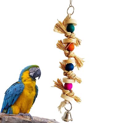 Wooden Bell Straw Pet Bird Parrot Beads Cotton Rope Hanging Cage Swing Chew Toy