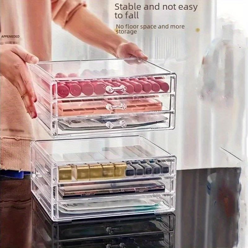 4pcs-1set Cosmetics Plastic Storage Box with Multiple Grids&9 drawers,Stackable Large Capacity Transparent Cosmetics Skincare Display Box.