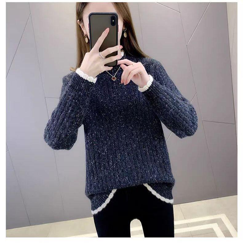 

Женский свитер с волнистым краем и цветными блоками, полувысокий воротник, осенне-зимний трикотажный верх, базовый женский свитер 3XL