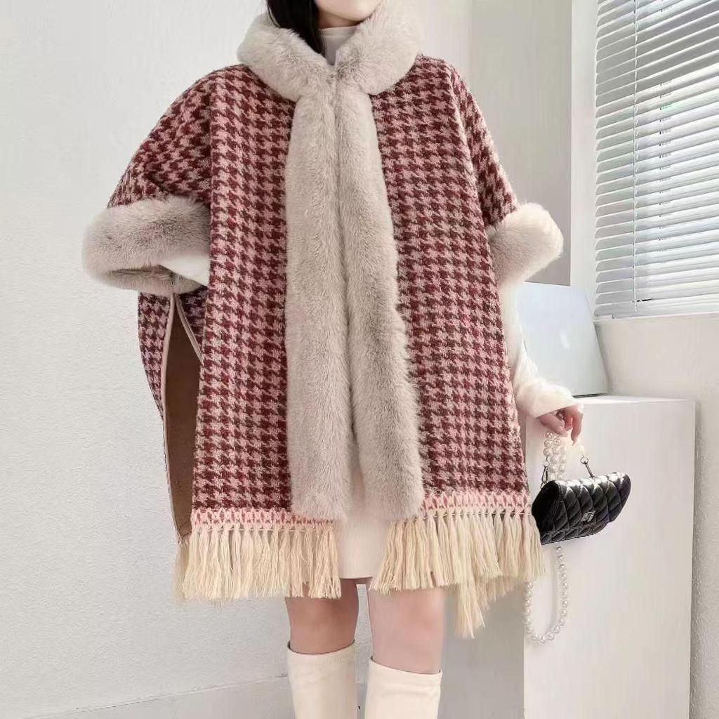 Women's Autumn/Winter Hooded Cape with Chinese Frog Button and Rabbit Fur Shawl, Plus Velvet Woolen Coat.