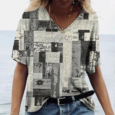 T-shirt damski w stylu vintage w kratę 2023 gorąca bluzka letni dekolt w serek Casual koszulki z krótkim rękawem kobiece topy oversize odzież codzienna