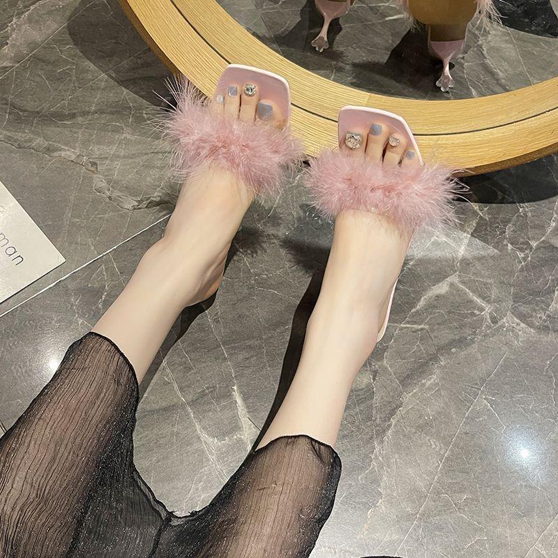 Internet celebrities with the same Mao Mao slippers women wear casual thin heels square head sandals high heels women 2025 summer new