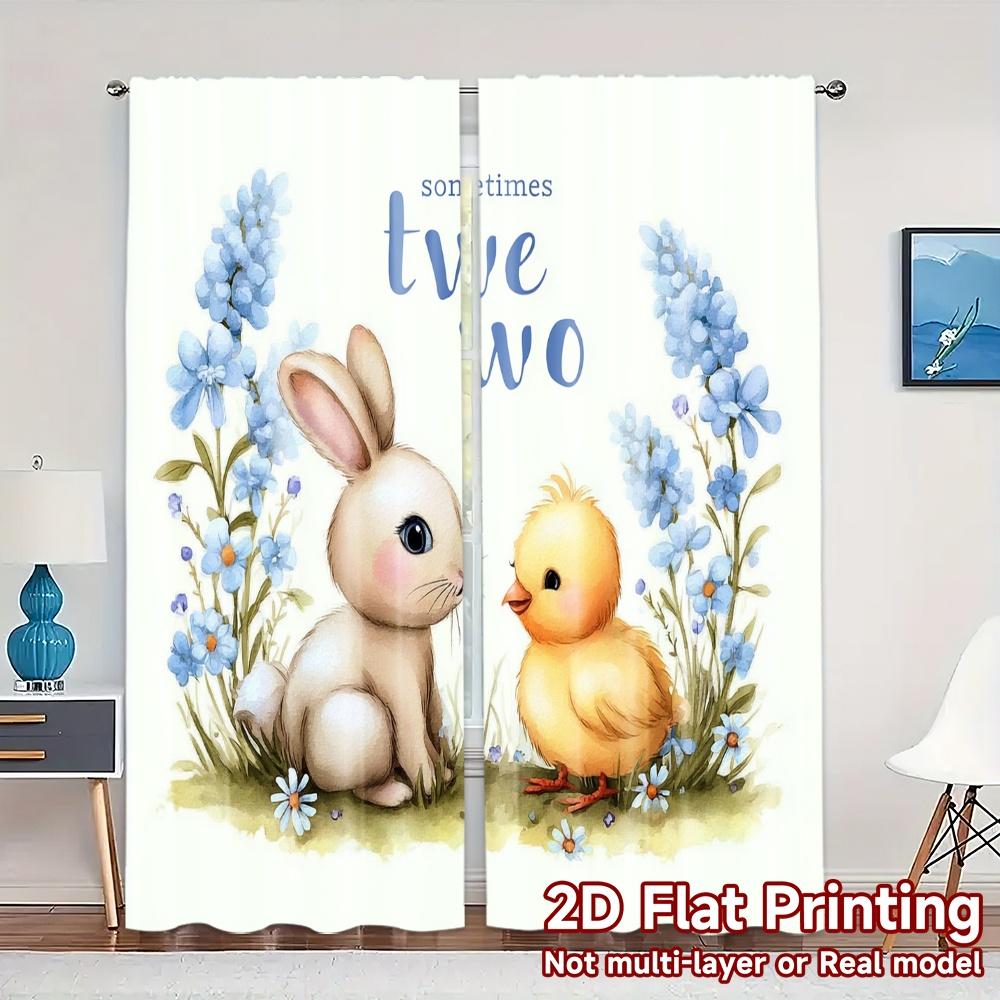 2pcs, 2D FLAT PRINTING Curtains (Without Rod) Bunny Celebration Popular Curtain Fabric Machine Washable Fabric Curtains