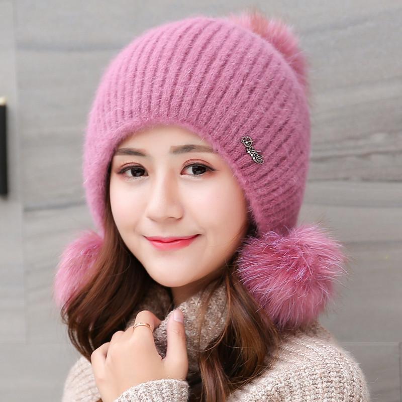 

Winter Women s Knitted Hat Fashion Hairball Wool Hat Solid Color Ear Protection Cute Plush Thickened Warm Hat one size