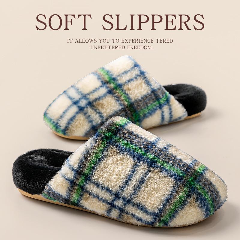 Retro plaid cotton slippers autumn and winter 2025 new indoor home home thick bottom plush warm