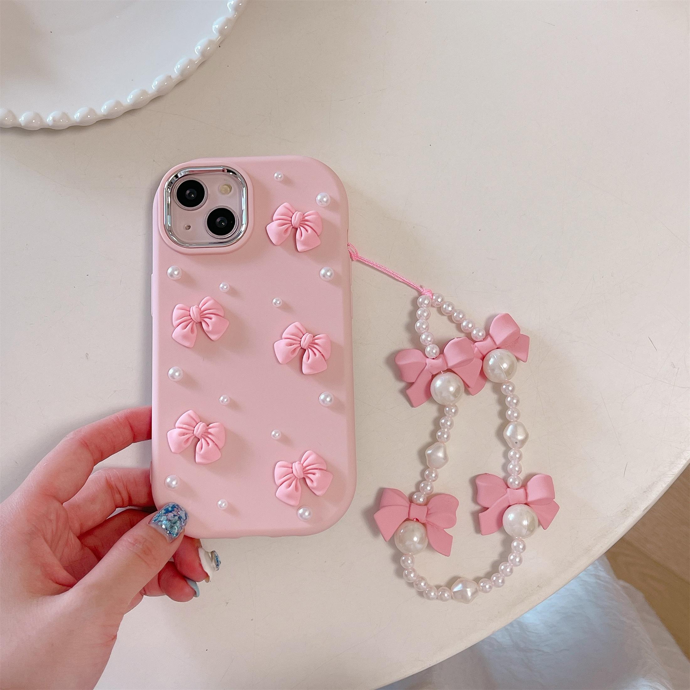 

Чехол для телефона с мультяшным стереоскопическим бантом и жемчугом для iPhone 15 14 13 12 11 Pro Max, всеобъемлющий милый чехол для телефона из ТПУ с цепочкой For iPhone 15