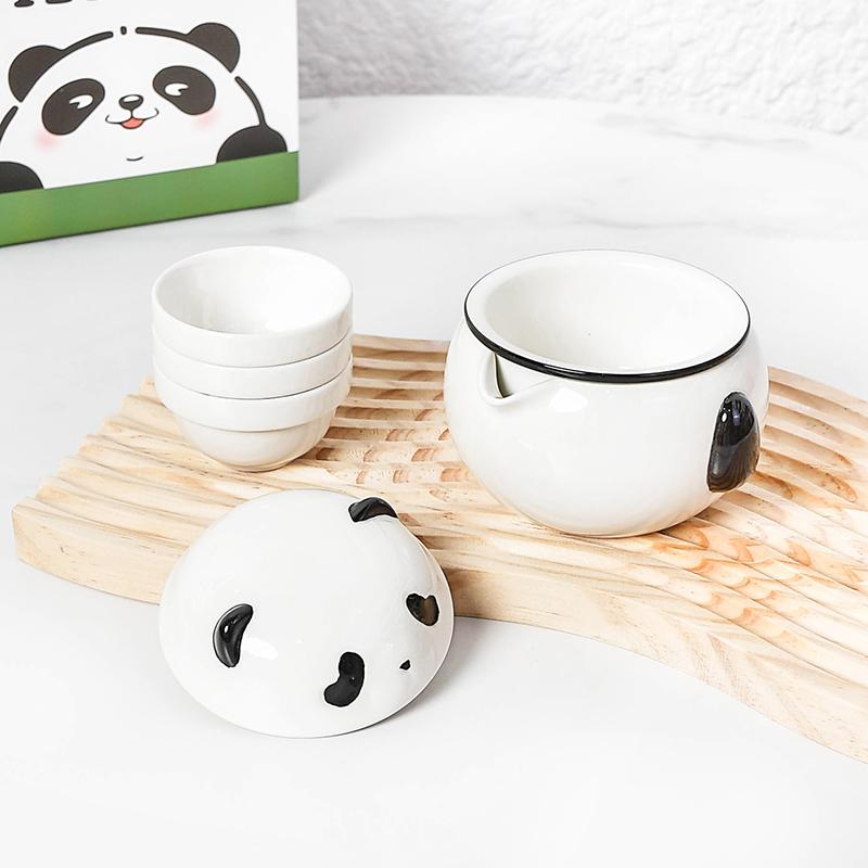 1 Set Cute Ceramics Panda Tea Set One Pot Portable Kung Fu Tea Teacup Durable with Three Cups Teapot Set Gifts