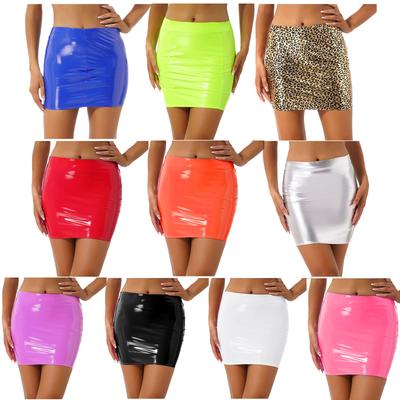 Gonna a tubino da donna in vernice lucida, minigonna a tinta unita, elastico in vita, finitura ad alta lucentezza per feste in discoteca