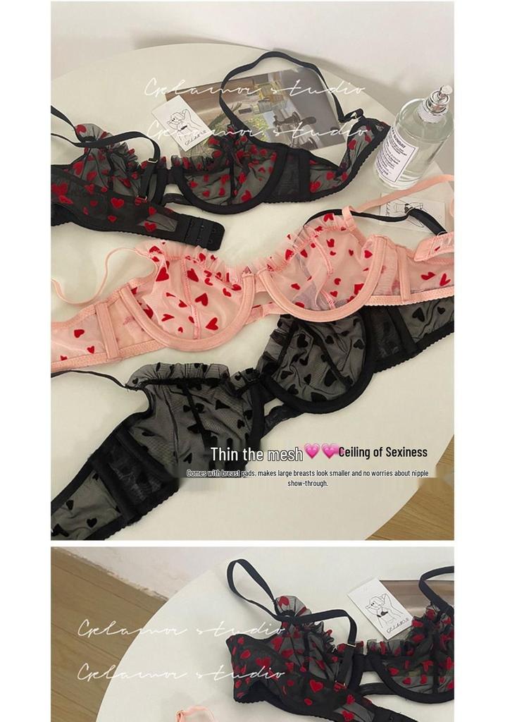 French Pink Lace Heart Bra Set: Sexy, Thin, Bust-Enhancing Design for Young Women