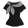 Plaid Pattern Irregular T Shirts Navy Collar Y2K Style T Shirts Sailor Collar Tops  For Women