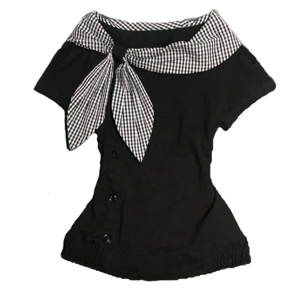 Plaid Pattern Irregular T Shirts Navy Collar Y2K Style T Shirts Sailor Collar Tops  For Women
