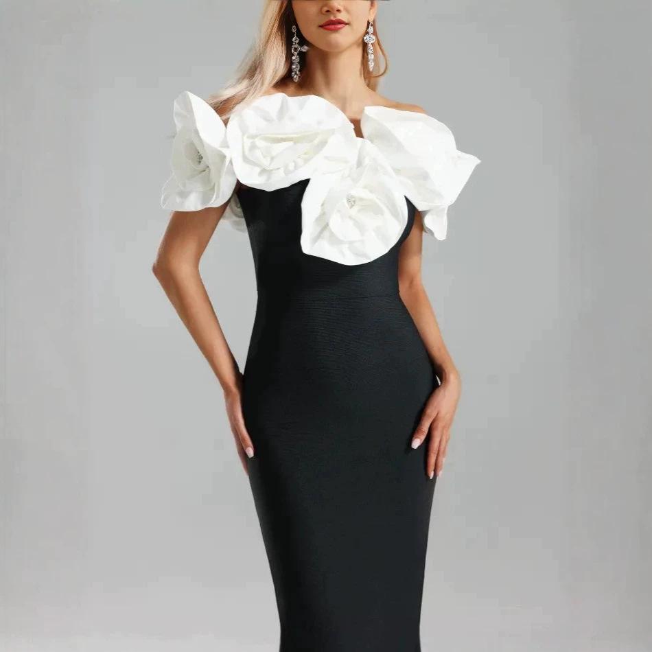 European and American Light Luxury High-end Sense One-word Shoulder Three-dimensional Floral Evening Dress Skirt Banquet Party Slim and Thin
