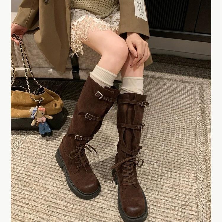 Frosted~ Soft leather boots women's 2025 autumn new belt buckle knight boots but knee two wear tall boots