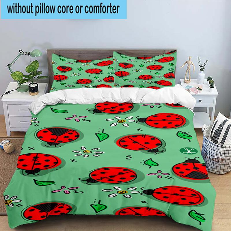Ladybug Love Heart Pattern 3pcs Bedding,Including 1pc Duvet Cover And 2pcs Pillowcases Perfect for Christmas,Ideal for Bedroom, Dormitory