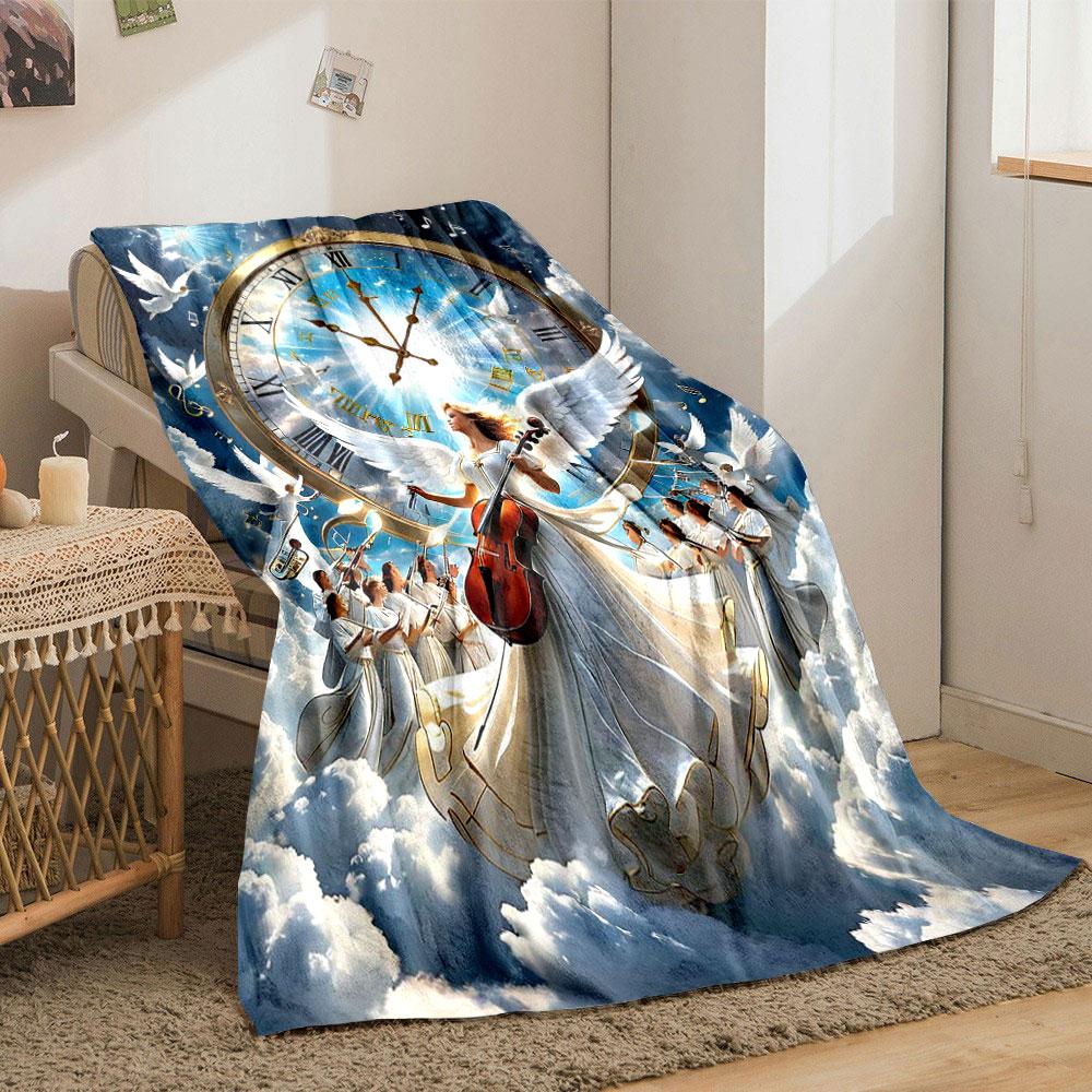Angel Choir Clock Print Blanket Printed Blanket for Living Room Bed Couch lunch break Soft Cozy Blanket for Friend's festival Gift