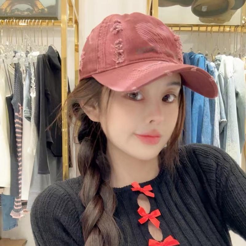 Distressed hand-painted heart baseball cap for women, spring/summer sun protection hat, large head circumference, makes face look smaller, versatile