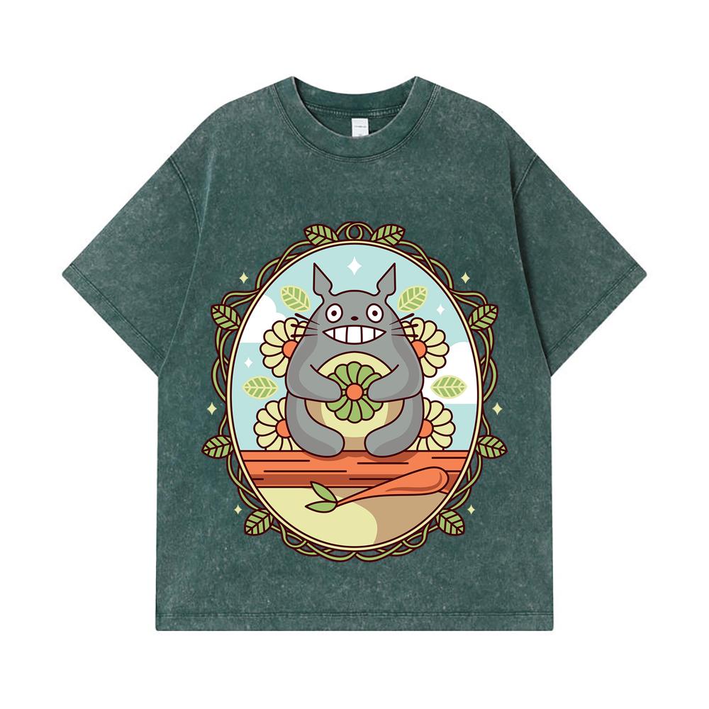 275 GSM Washed T-shirts 100% Cotton Ghibli V6 Totoro Print Unisex Heavy Cotton T Shirt