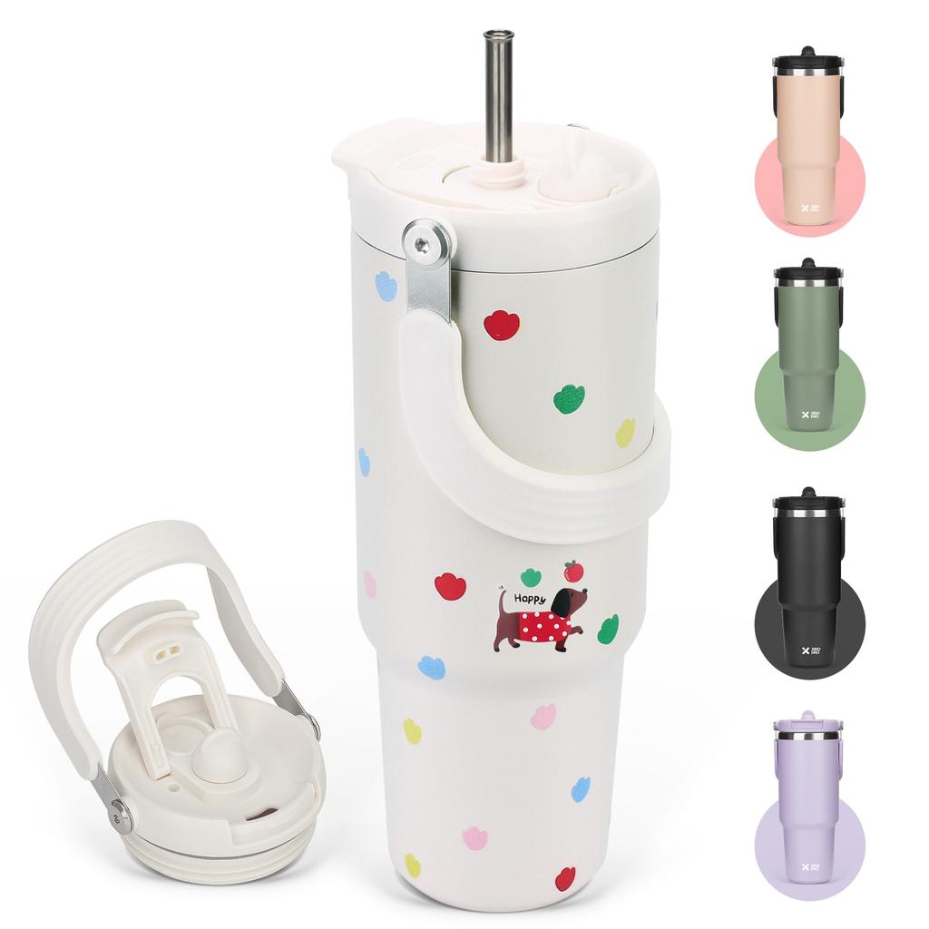 SKIASE Tumbler with 900ml Water Vacuum Keeps Hot or Wide Direct with Outdoor Red Puppy Design Straw, Bottle, Insulated, Cold, Mouth, Drinking, Lid,
